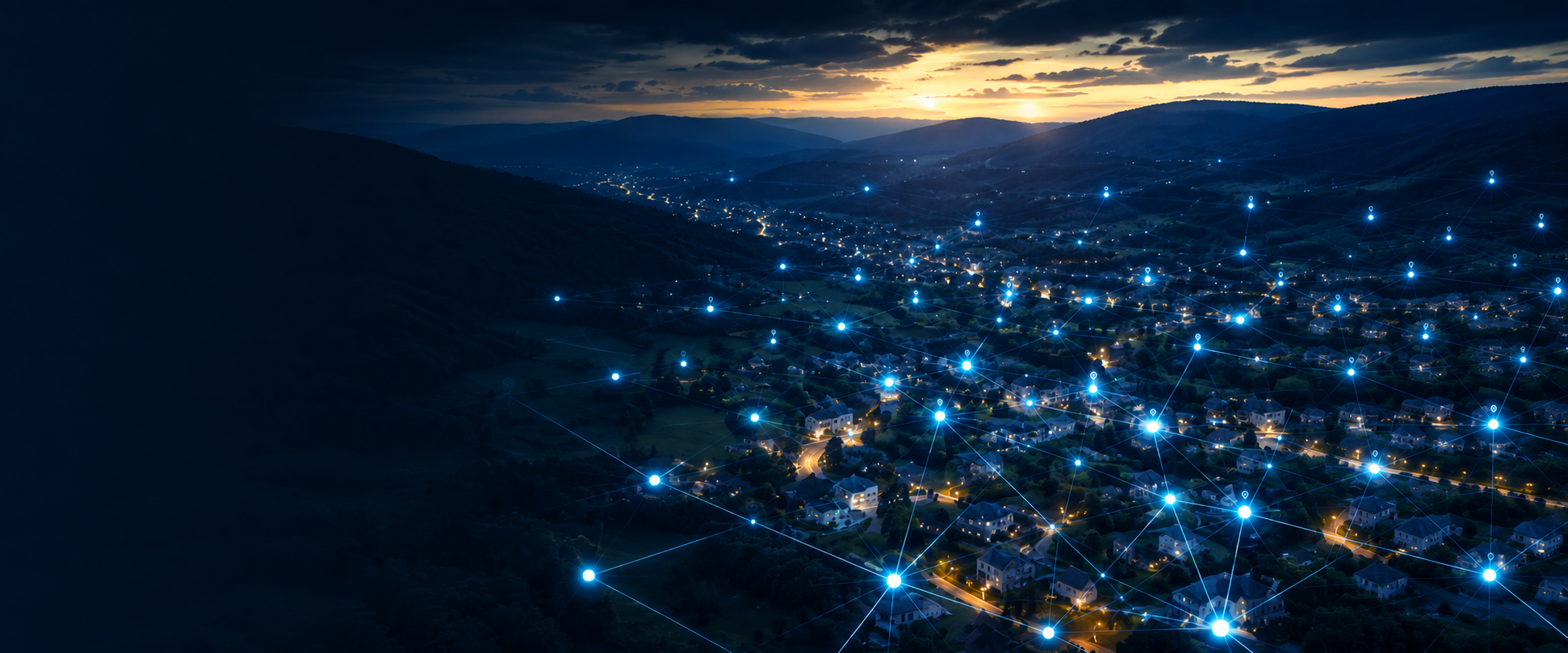 Broadband network illuminated across a community at dusk